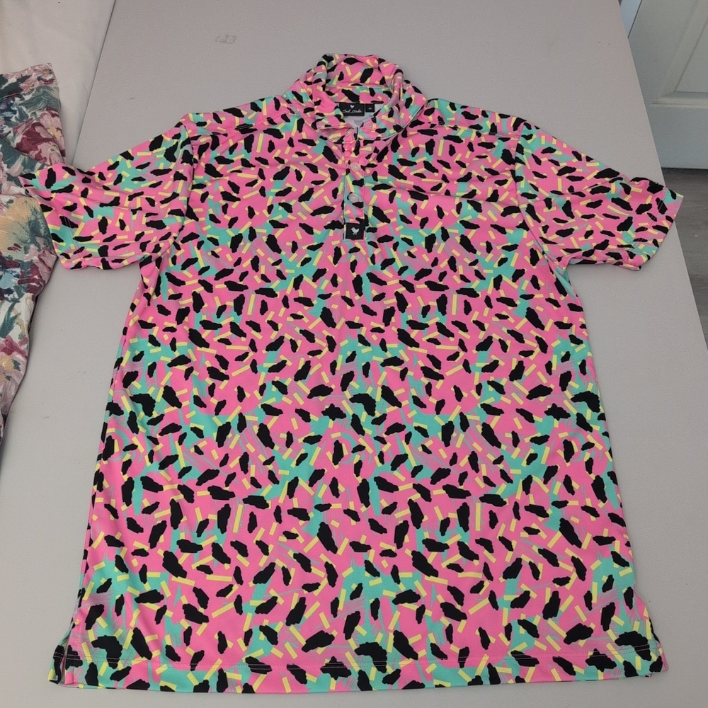 Bad Birdie Vibrant Pink and Black Polo Men Medium